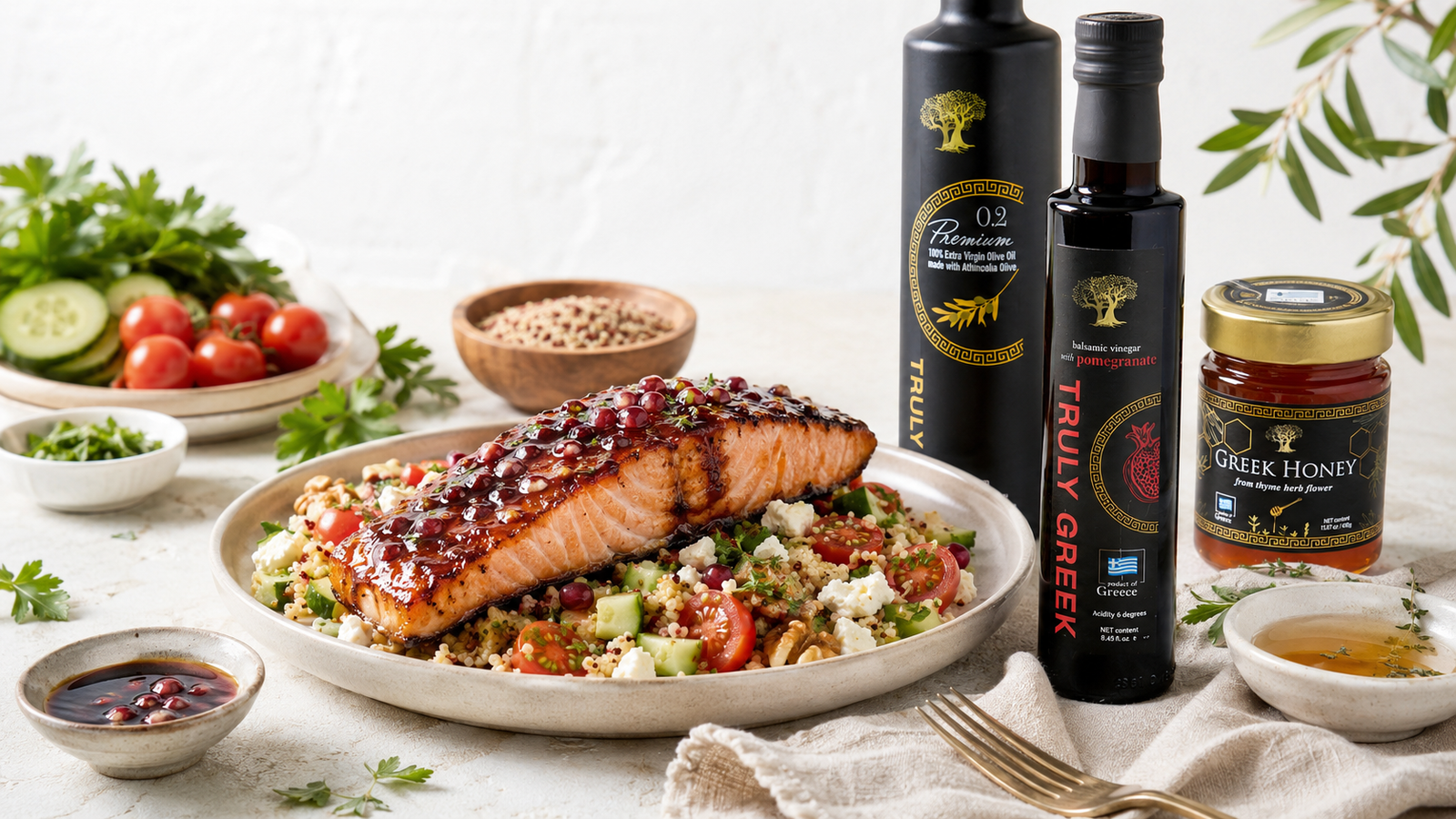 Pomegranate Balsamic Glazed Salmon with Mediterranean Grain Salad