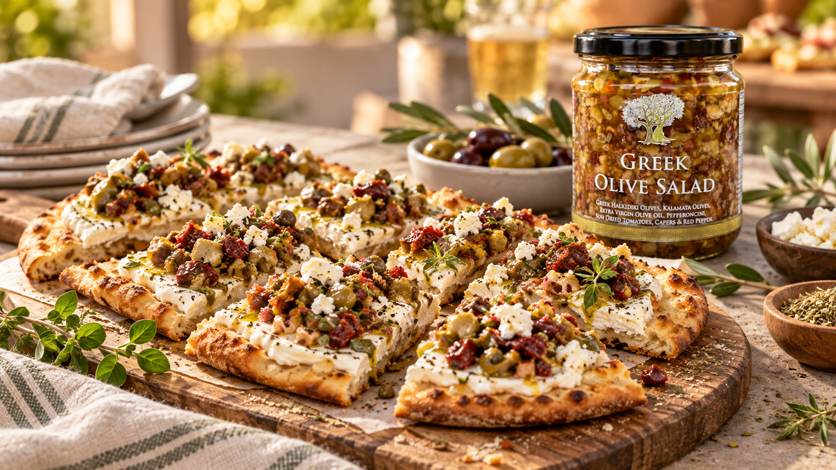 TRULY GREEK Olive Salad & Cream Cheese Flatbread